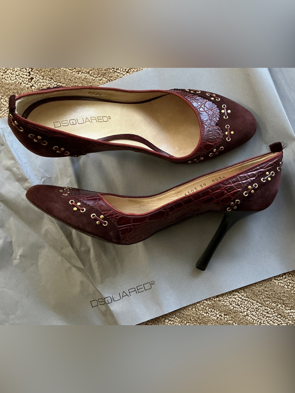 DSQUARED2 Burgundy Suede Croc-Textured Heels with Gold Eyelets size 39IT/8US